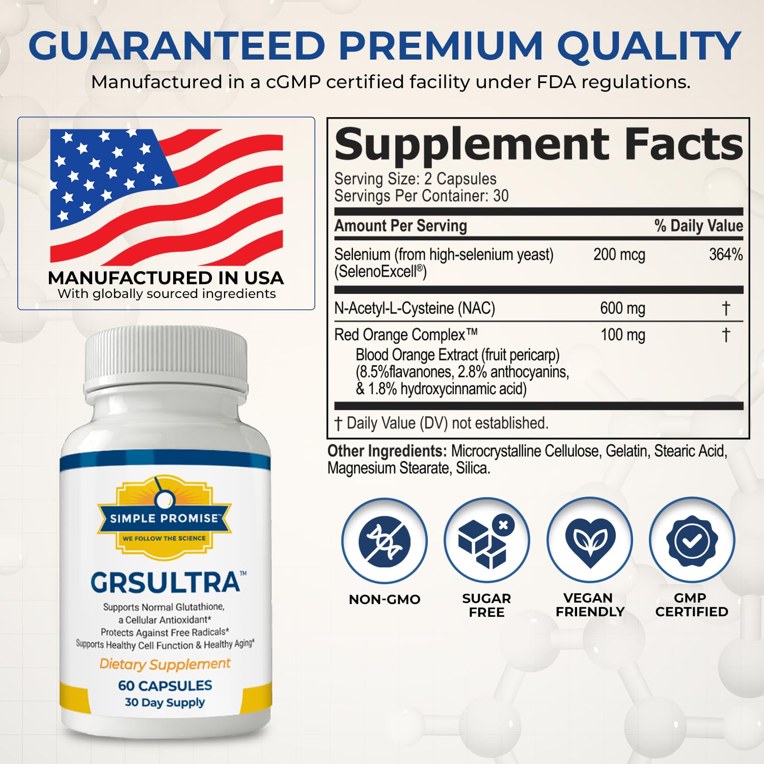 Closeup of GRS Ultra capsules highlighting NAC and selenium for daily use.