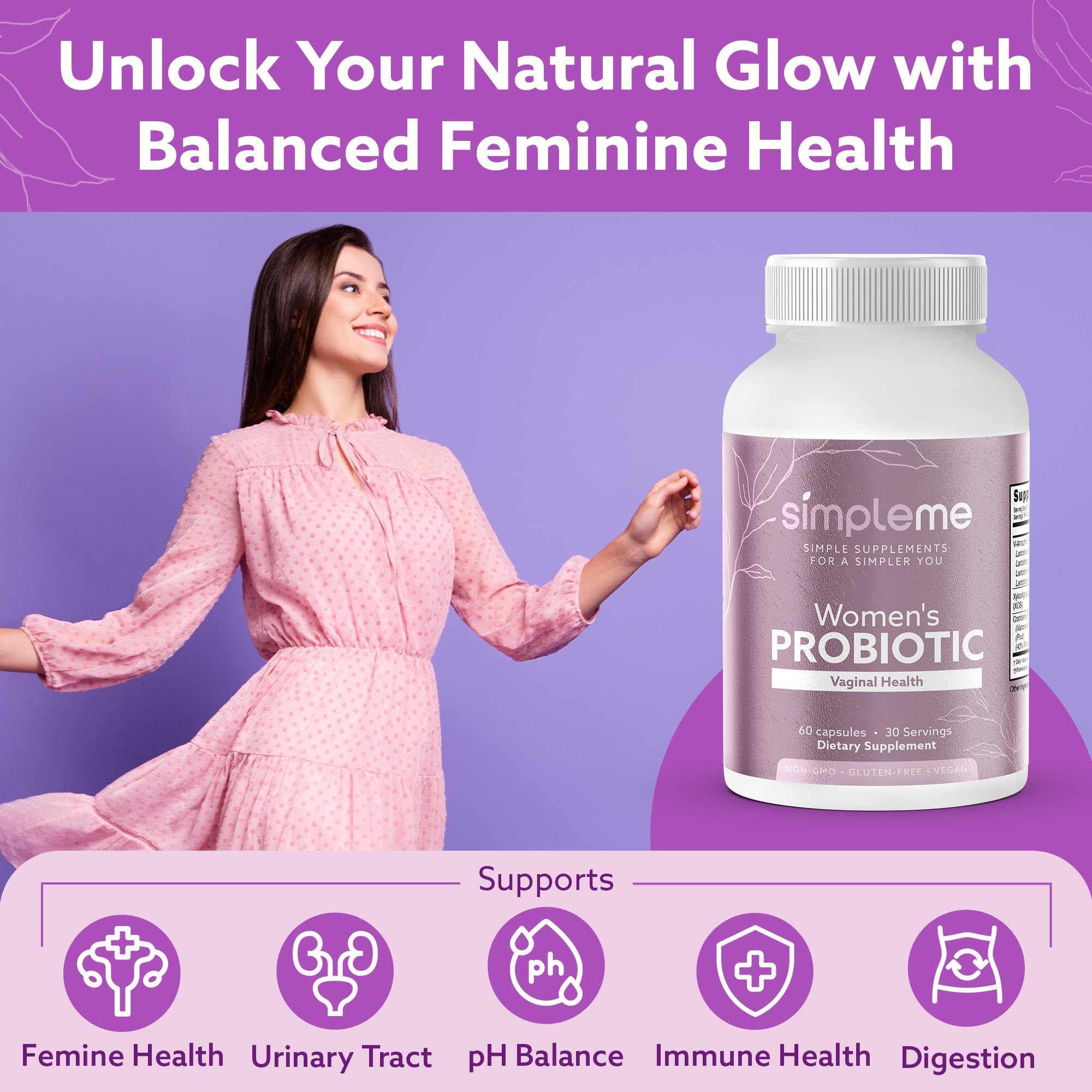 Simpleme 60 capsules emphasize a simple daily wellness routine for women.