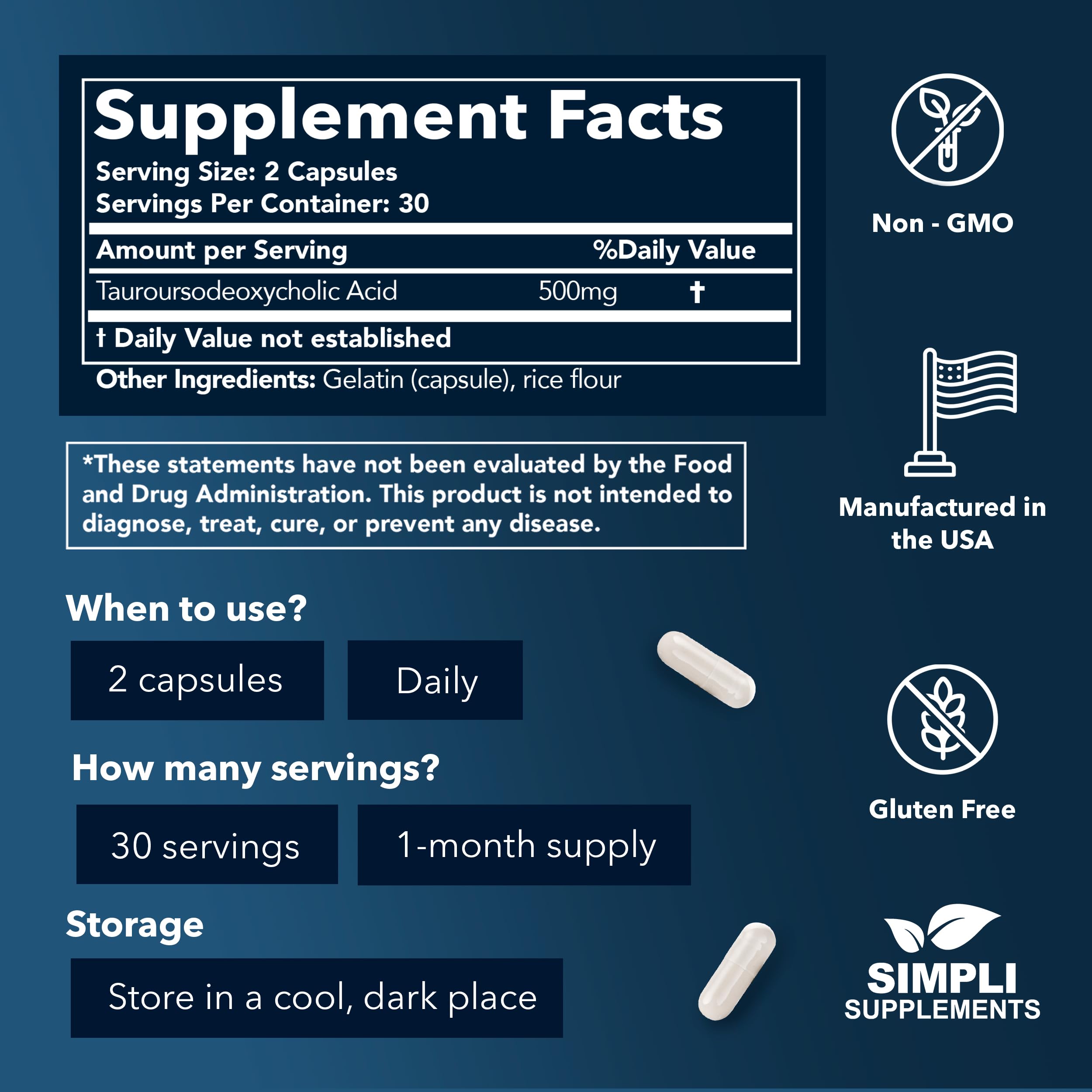 Simpli Tudca 500mg capsules bottle side view emphasizing easy dosage