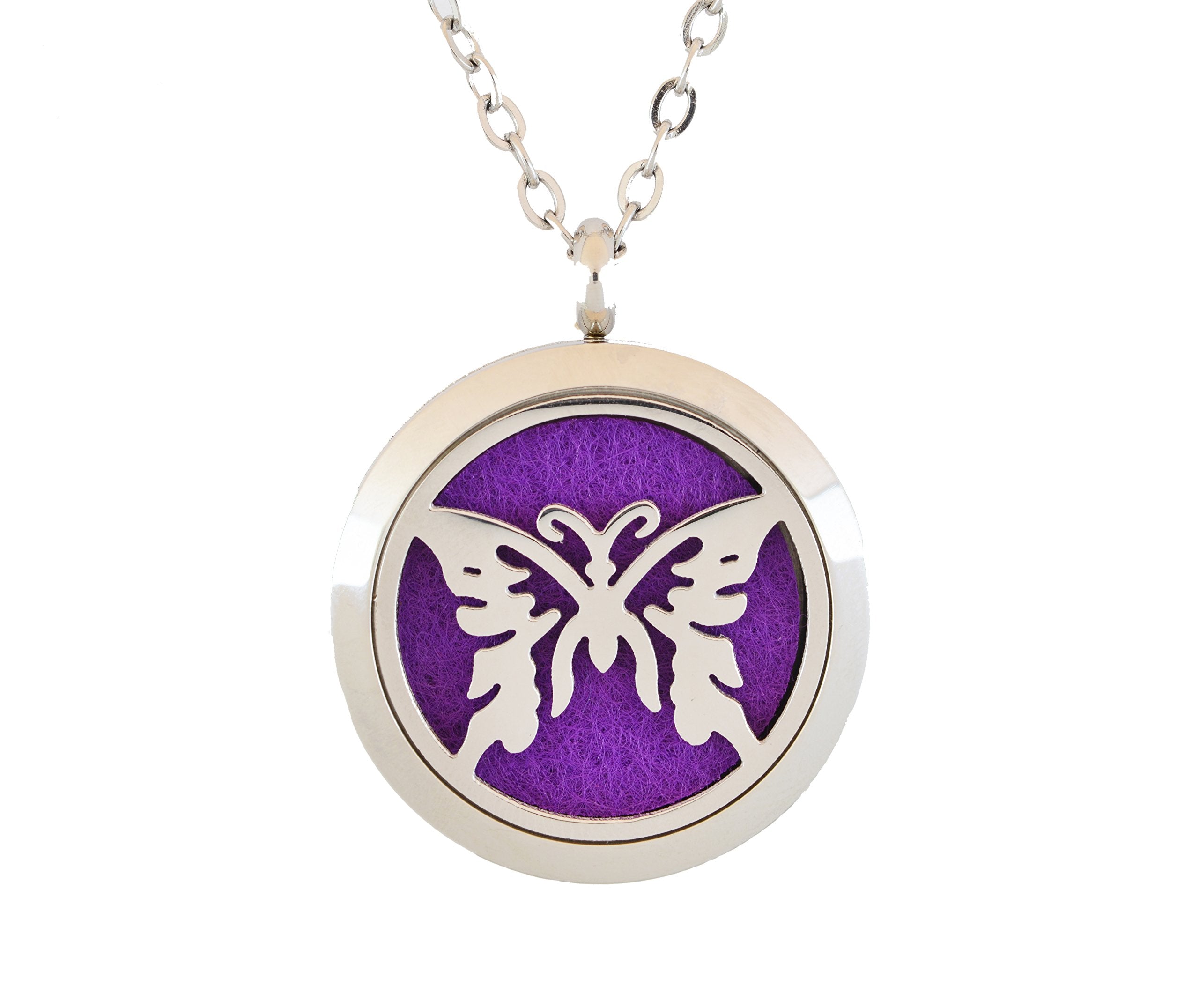 Simply Essential Solutions butterfly2 pendant close-up in stainless steel for daily aromatherapy