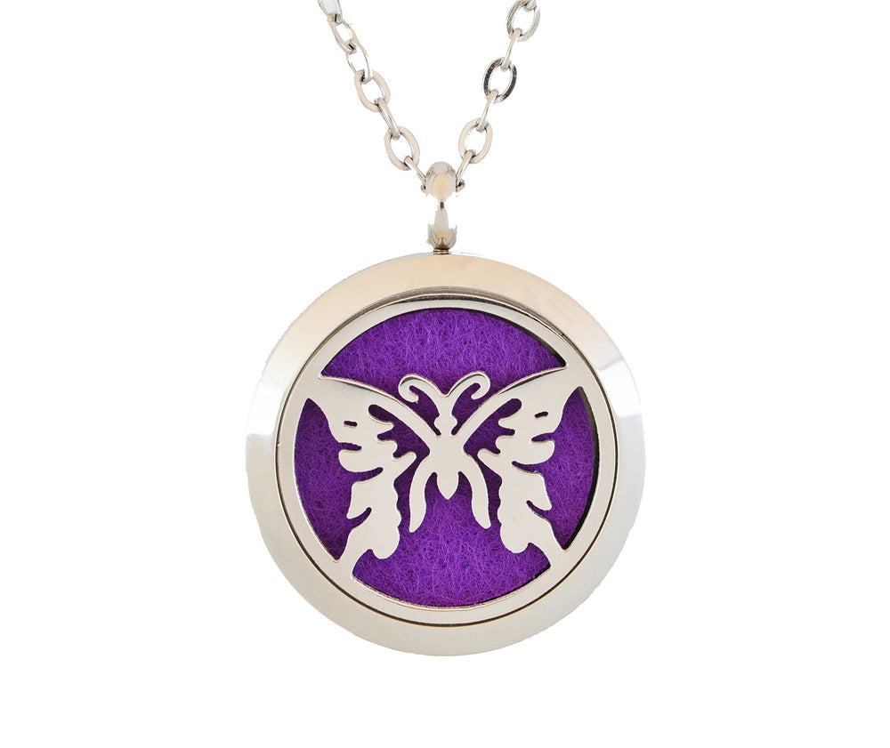 Simply Essential Solutions butterfly2 pendant close-up in stainless steel for daily aromatherapy