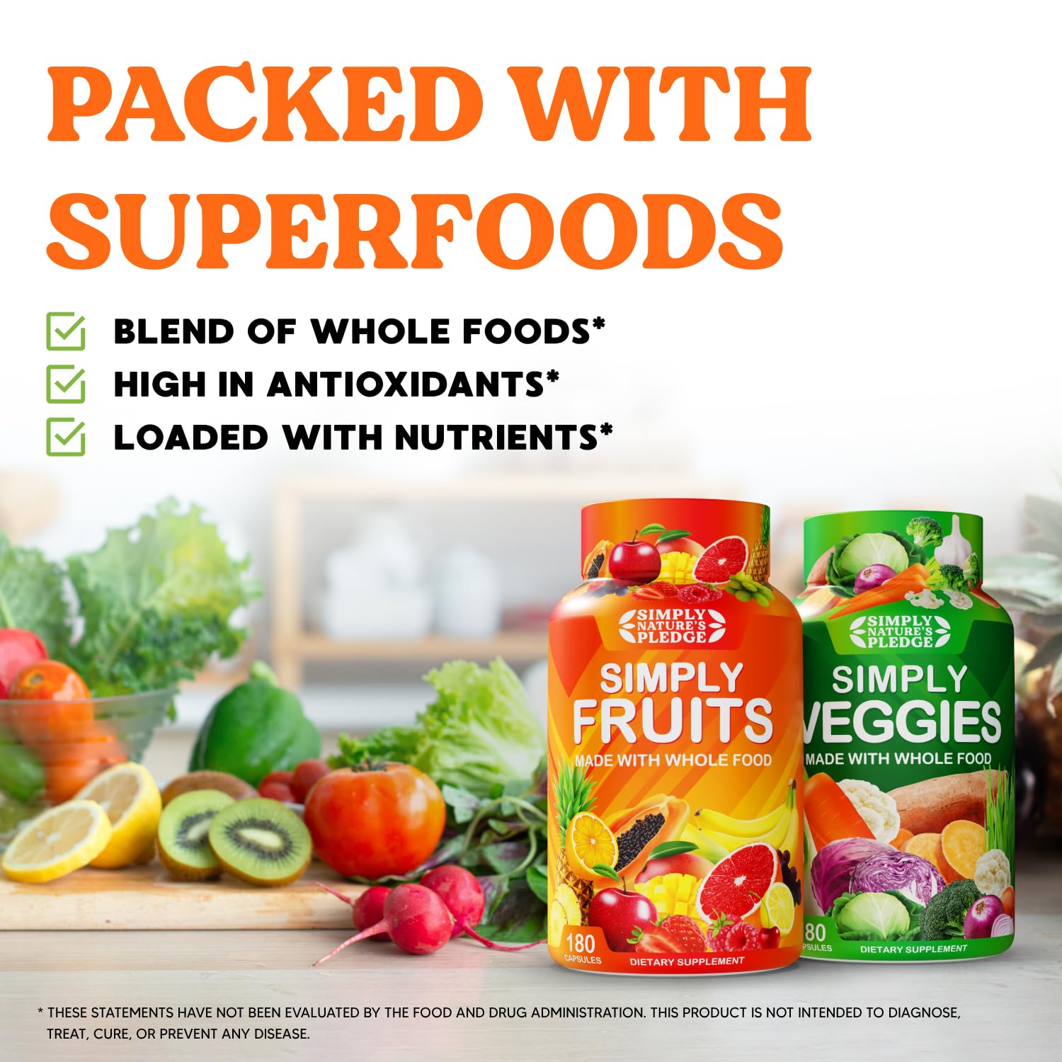 Simply Nature's Pledge ingredients visual showcases diverse fruit and vegetable blend.