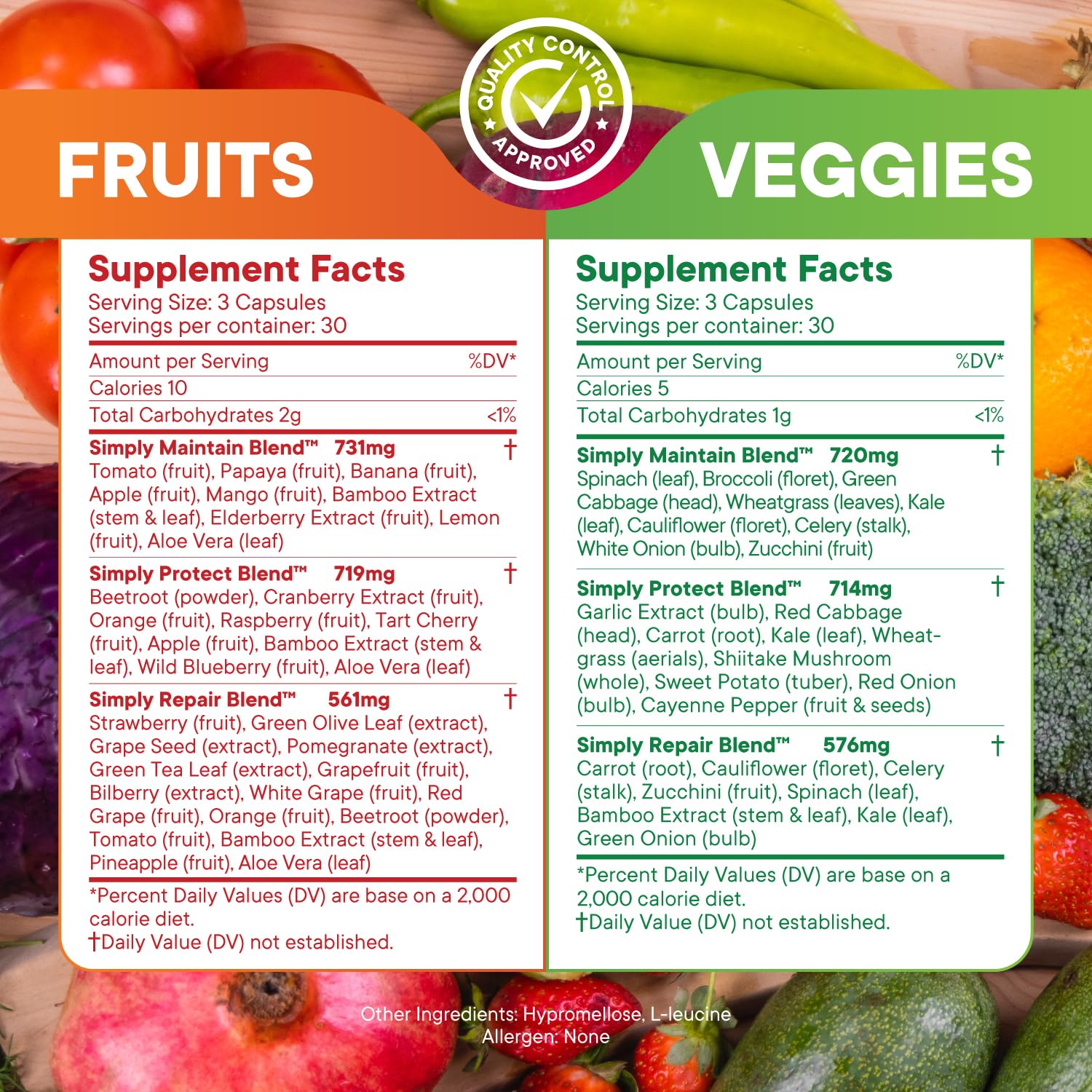 Simply Nature's Pledge label highlights 42 fruits and vegetables blend.