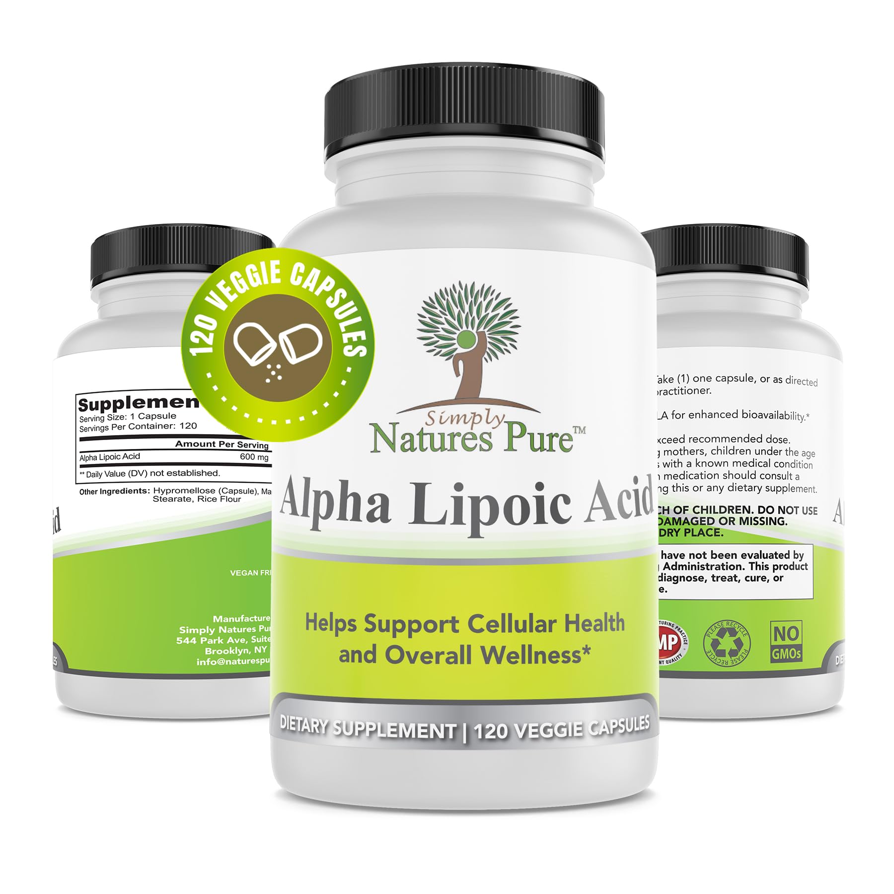 Simply Natures Pure Alpha Lipoic Acid 600mg bottle - clear daily-use dosage