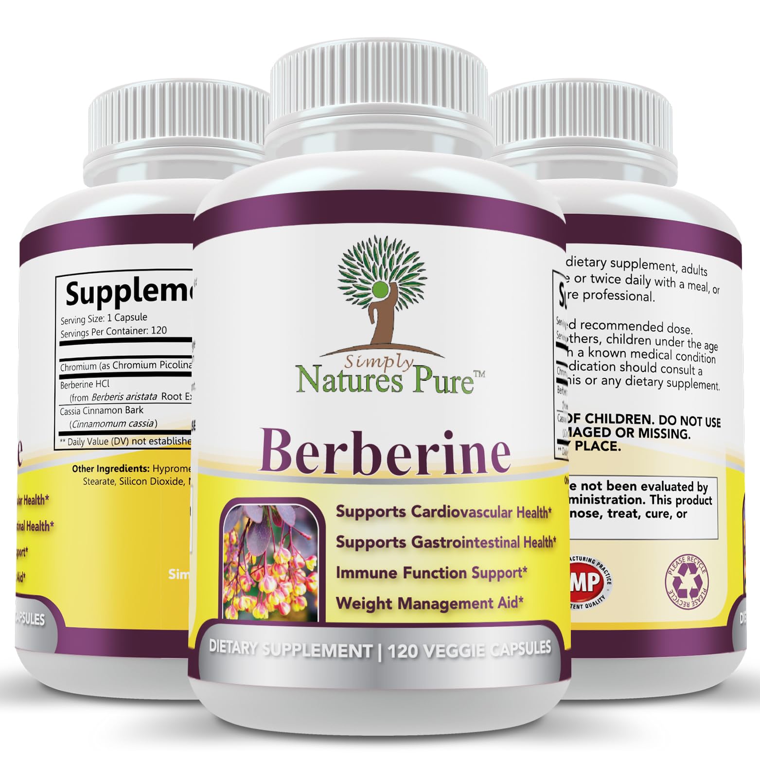 Label close-up on Simply Natures Pure Berberine HCl 500mg highlighting chromium and cinnamon