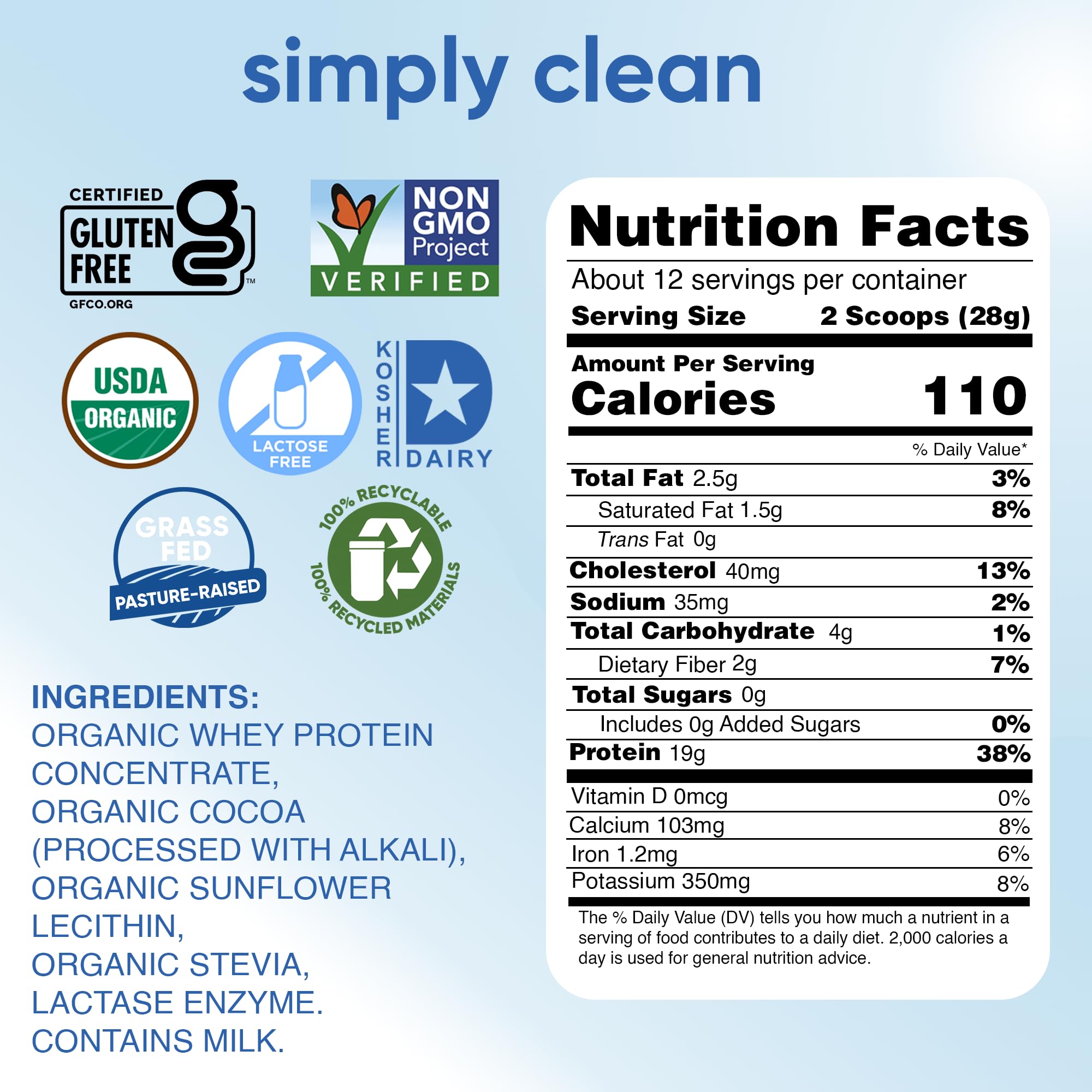 Simply tera's lactose-free whey powder serving scoop beside tub for daily shakes