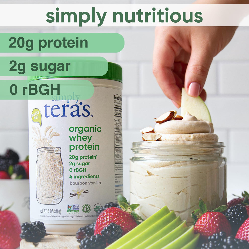 simply tera's whey ingredients label notes no artificial sweeteners or hormones.