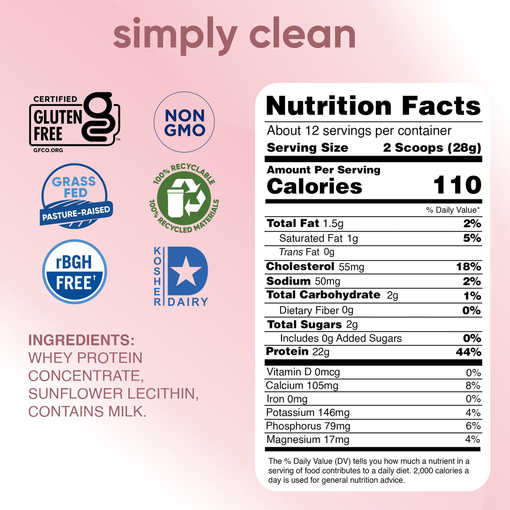Simply Tera's grass-fed whey powder ingredient label highlights non-GMO protein.