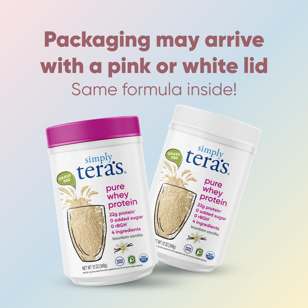 Simply tera's whey vanilla ingredients label highlights a four-ingredient formula for transparent nutrition.