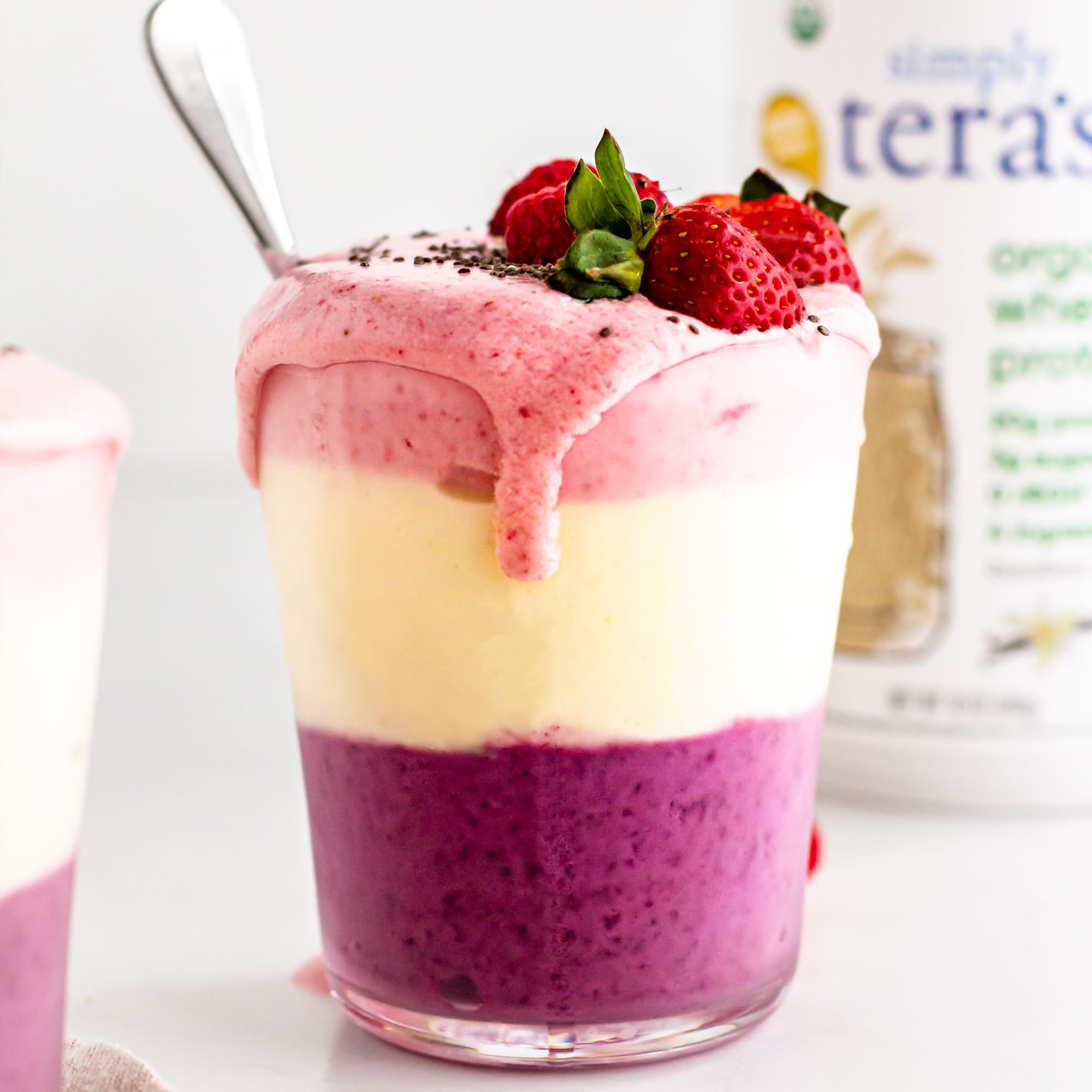 Simply Tera's serving cup shows convenient portioning for quick protein boosts.