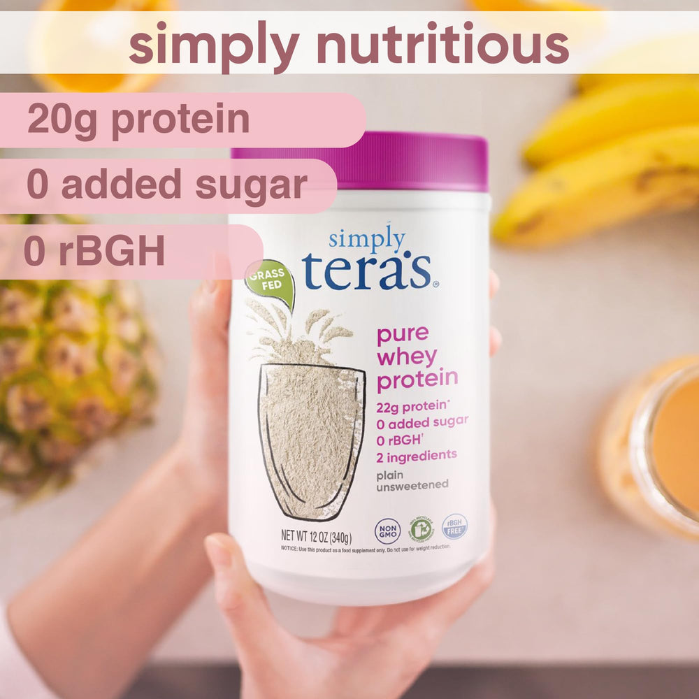 Simply Tera's whey powder bottle close-up illustrates easy mixing with milk or water.