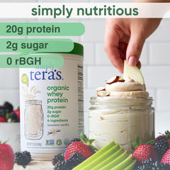 Simply Tera's ingredients label shows non-GMO, organic, and natural sweetener benefits.