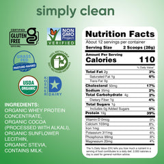 Simply tera's whey protein shake glass showing dark chocolate color and creamy texture.