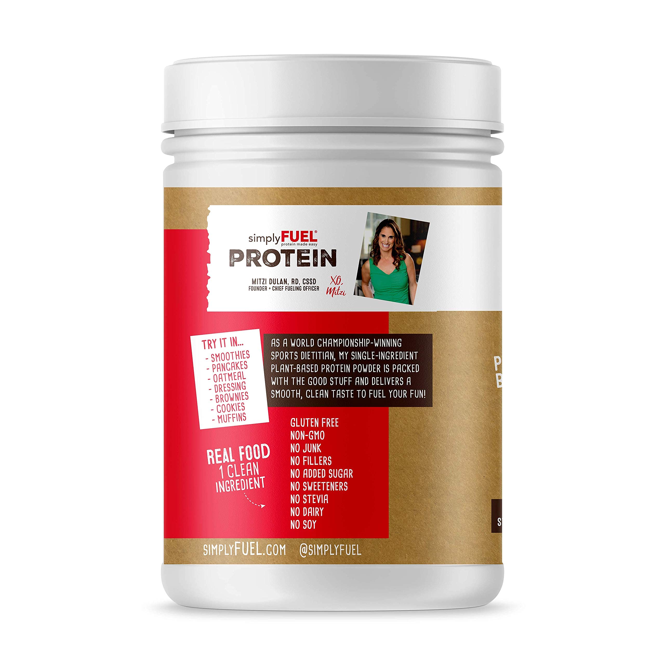 SimplyFUEL chickpea protein powder ingredients label highlights single-ingredient nutrition.
