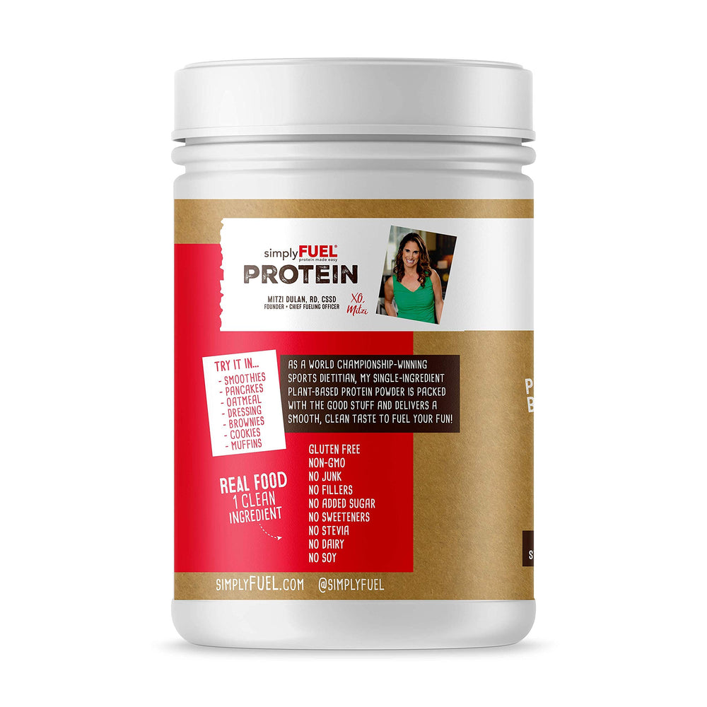 SimplyFUEL chickpea protein powder ingredients label highlights single-ingredient nutrition.