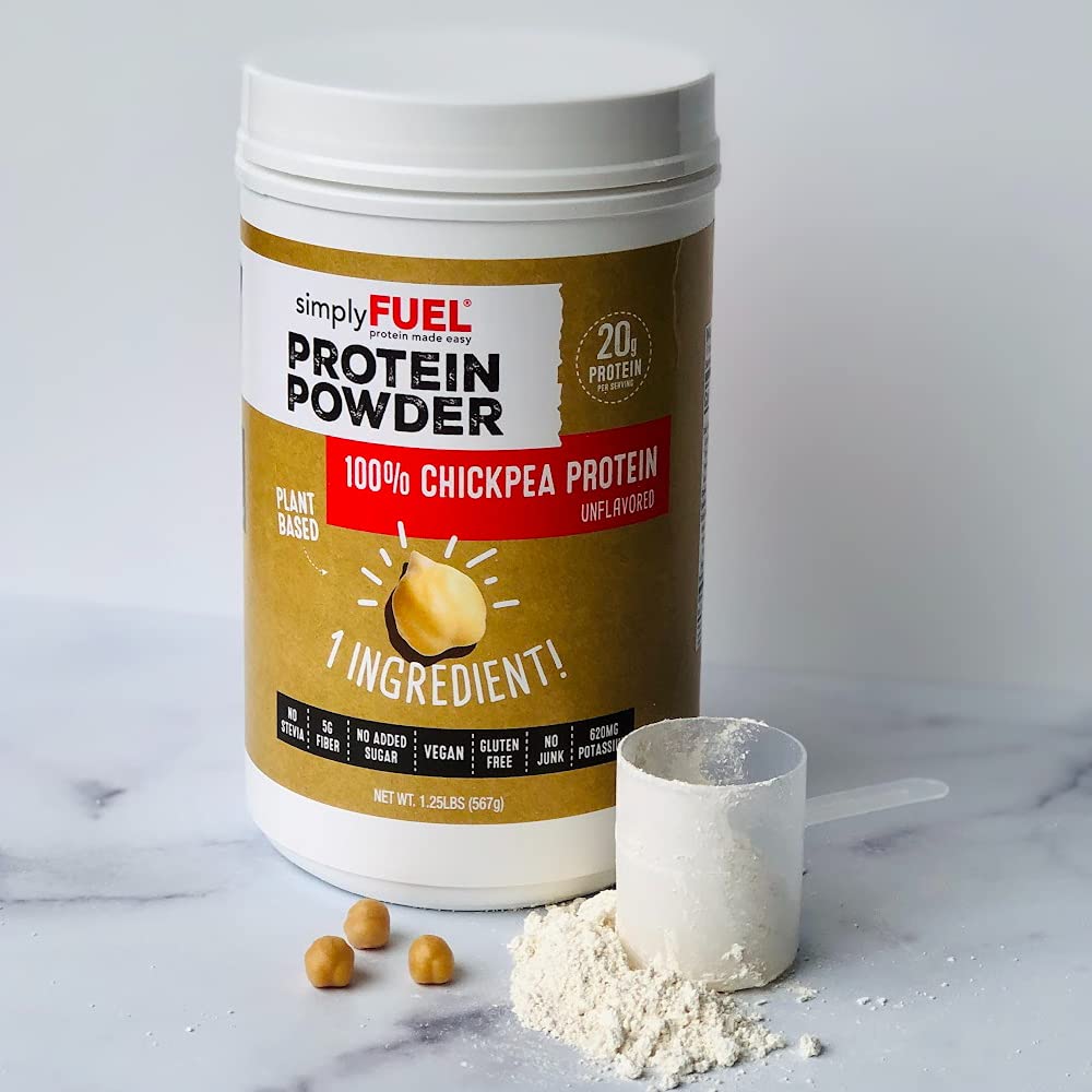 SimplyFUEL chickpea protein powder scoop close-up, ideal for versatile recipe boosts.