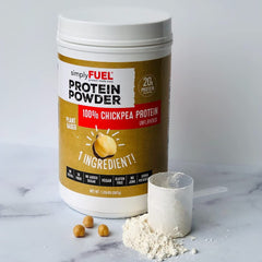 SimplyFUEL chickpea protein powder scoop close-up, ideal for versatile recipe boosts.