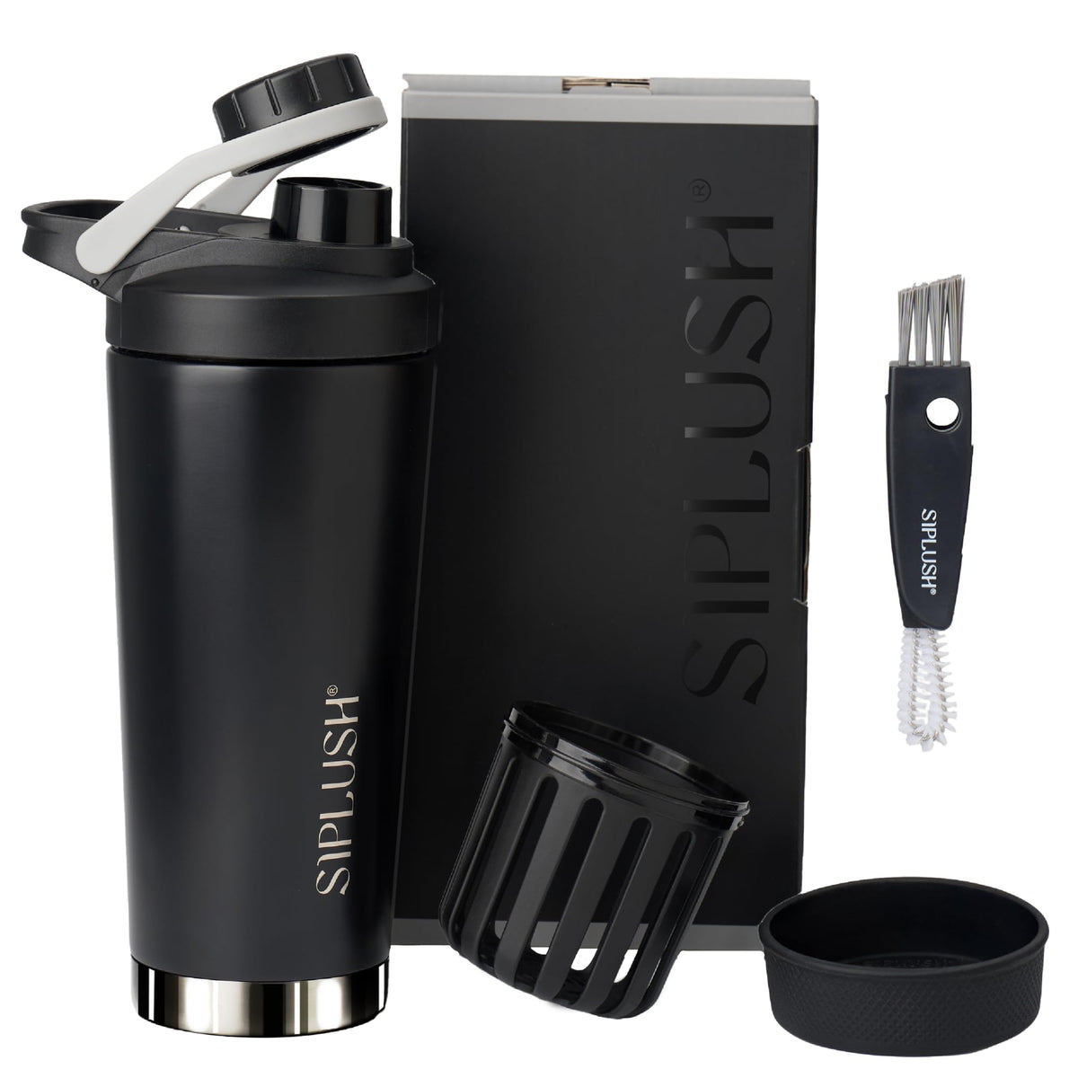 SIPLUSH Paradise Shaker Bottle front view with a stylish onyx and silver finish for daily hydration
