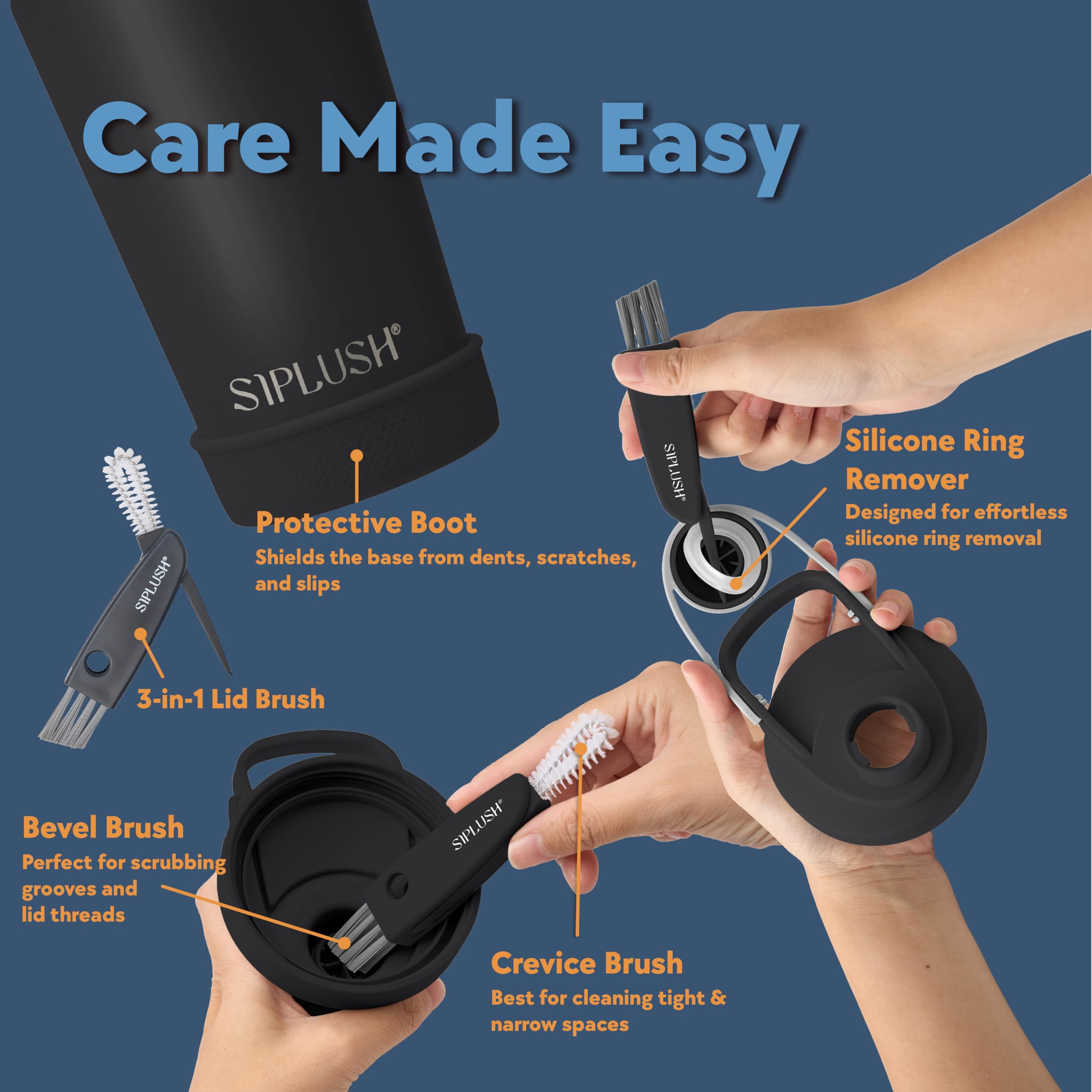 SIPLUSH Paradise Shaker Bottle lid brush kit keeps parts clean and ready