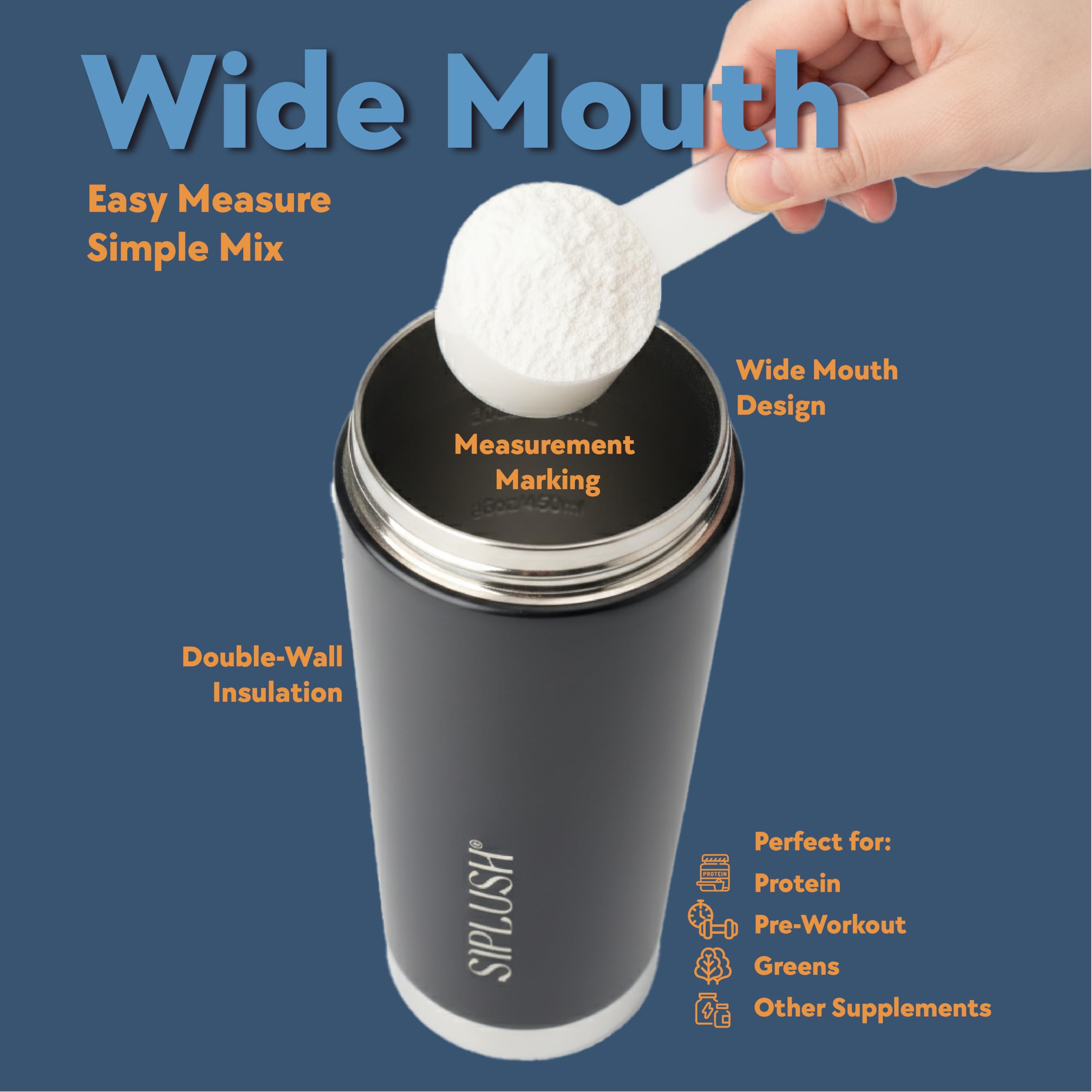 SIPLUSH Paradise Shaker Bottle wide mouth with measurements for precise mixing