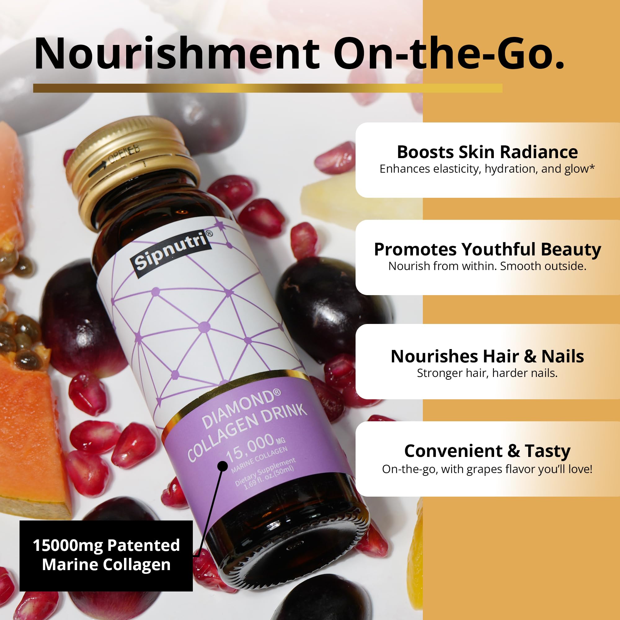 Sipnutri Diamond Collagen Drink grape-flavor glass shows hydration and skin vitality potential