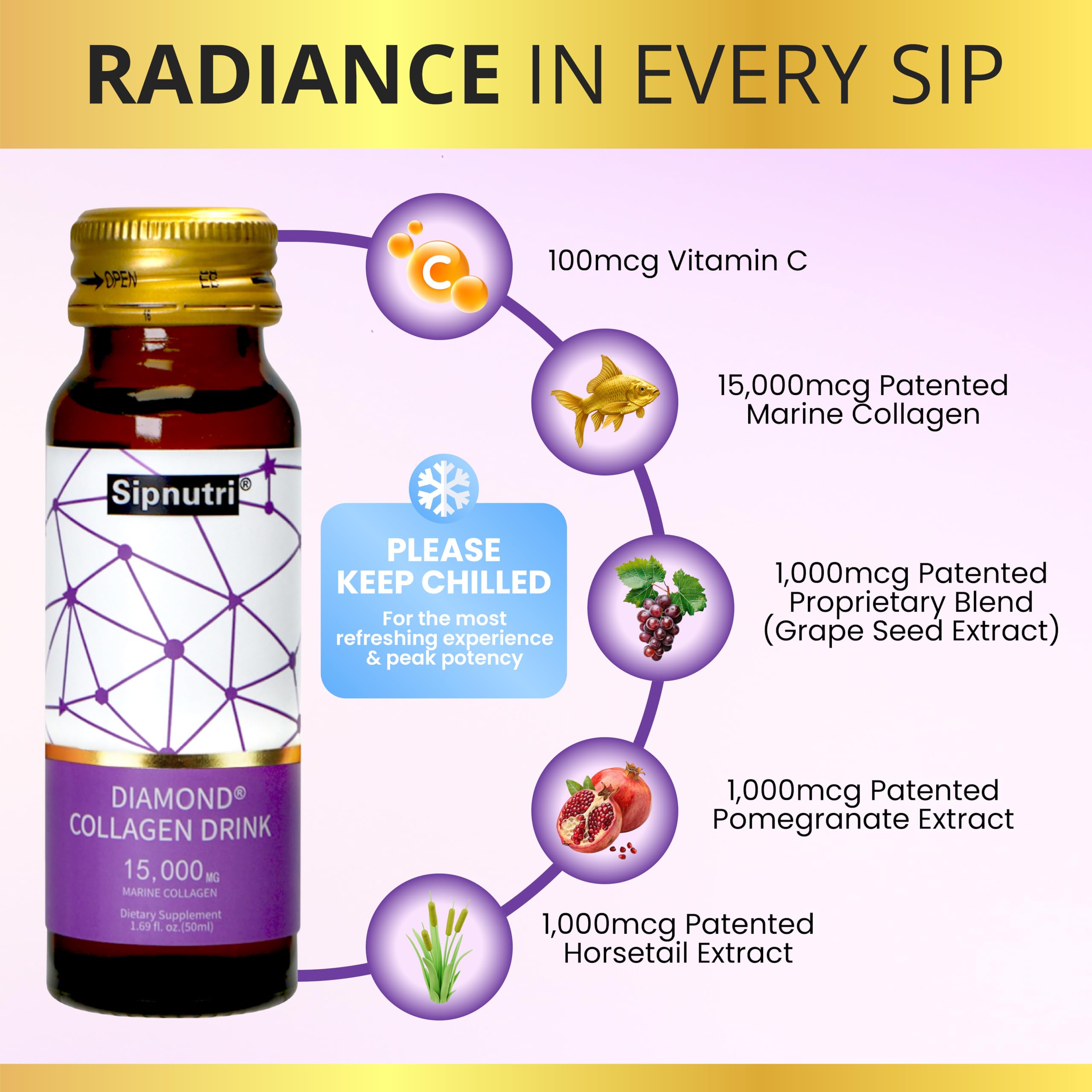 Sipnutri Diamond Collagen Drink label highlights marine peptides and vitamin C for nail support