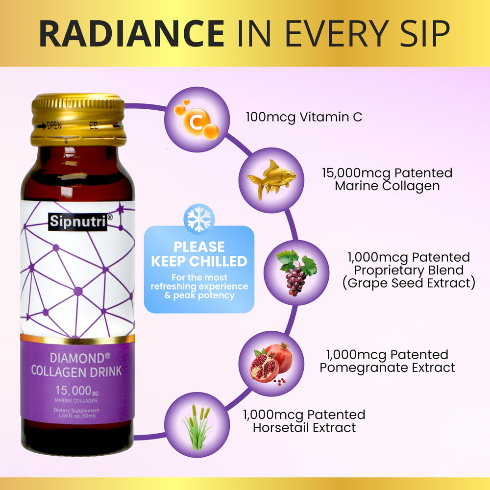 Sipnutri Diamond Collagen Drink label highlights marine peptides and vitamin C for nail support