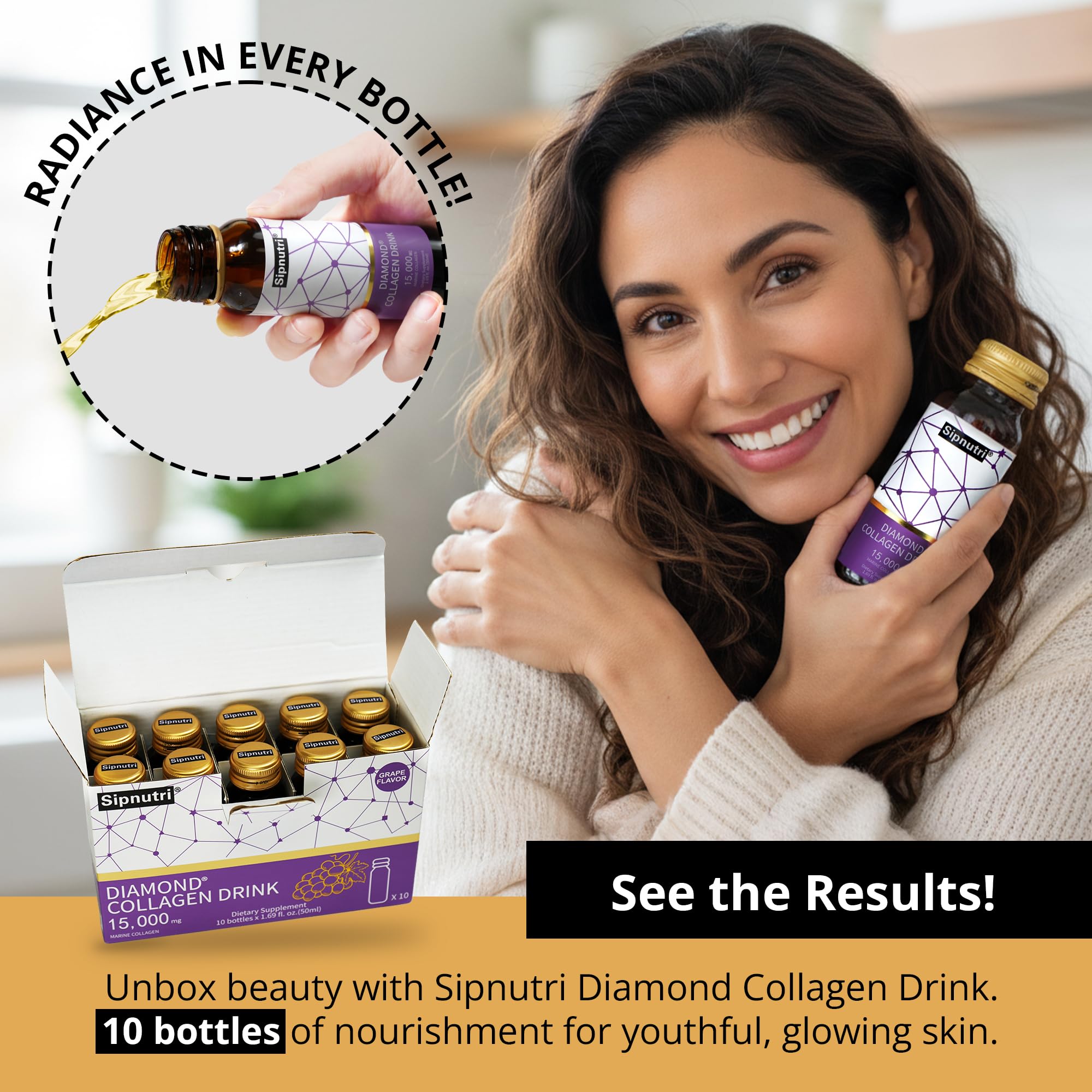 Sipnutri Diamond Collagen Drink packaging emphasizes portability for daily use