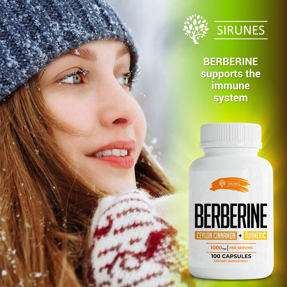 SIRUNES Berberine100 bottle side view with capsules
