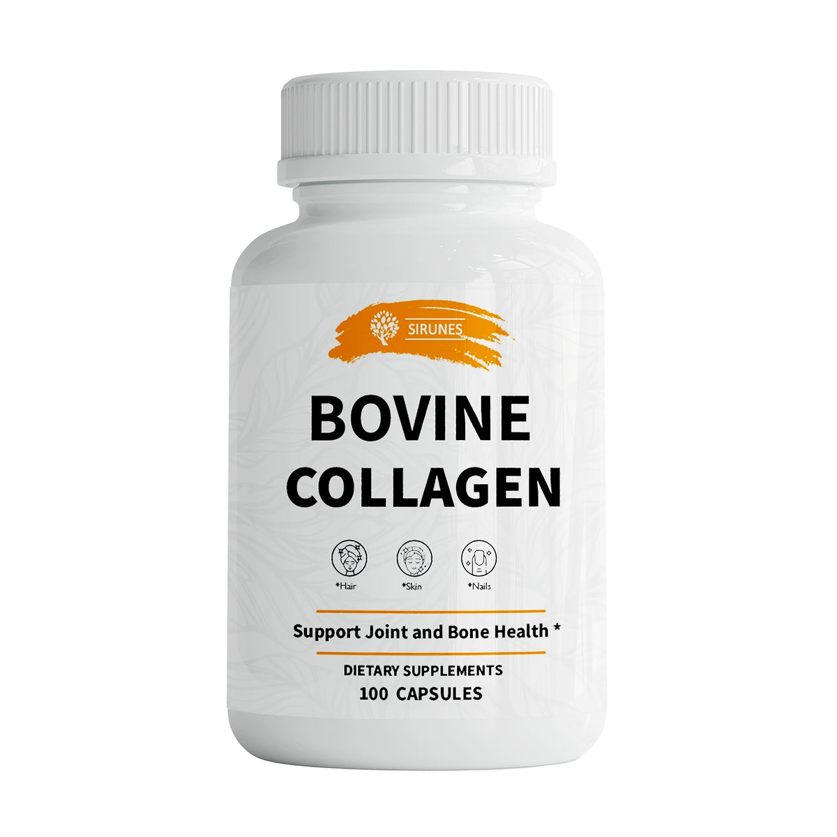 SIRUNES bovine collagen capsules bottle for easy daily supplementation supporting joints and skin.