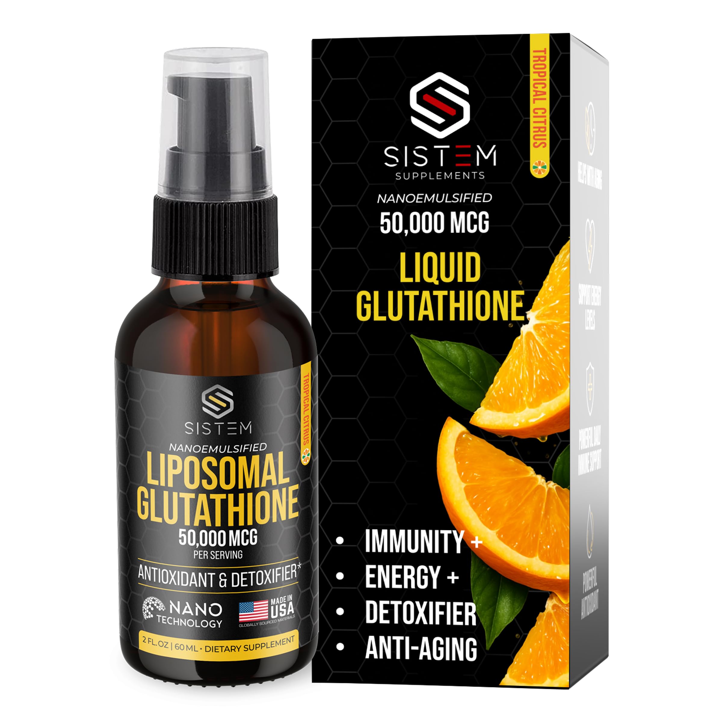 Sistem liposomal glutathione spray bottle with tropical citrus branding for daily use