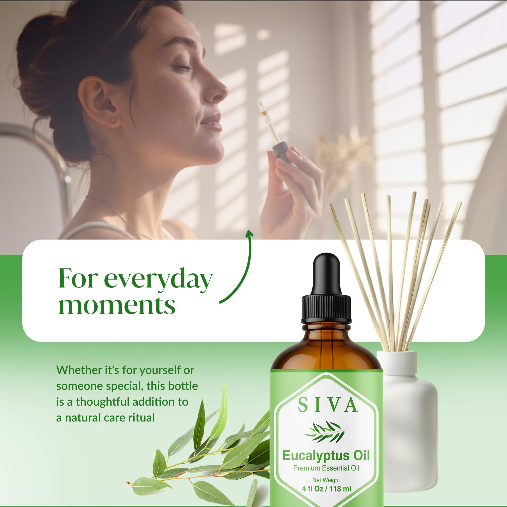 SIVA Eucalyptus oil blends with thyme and rosemary for aroma.