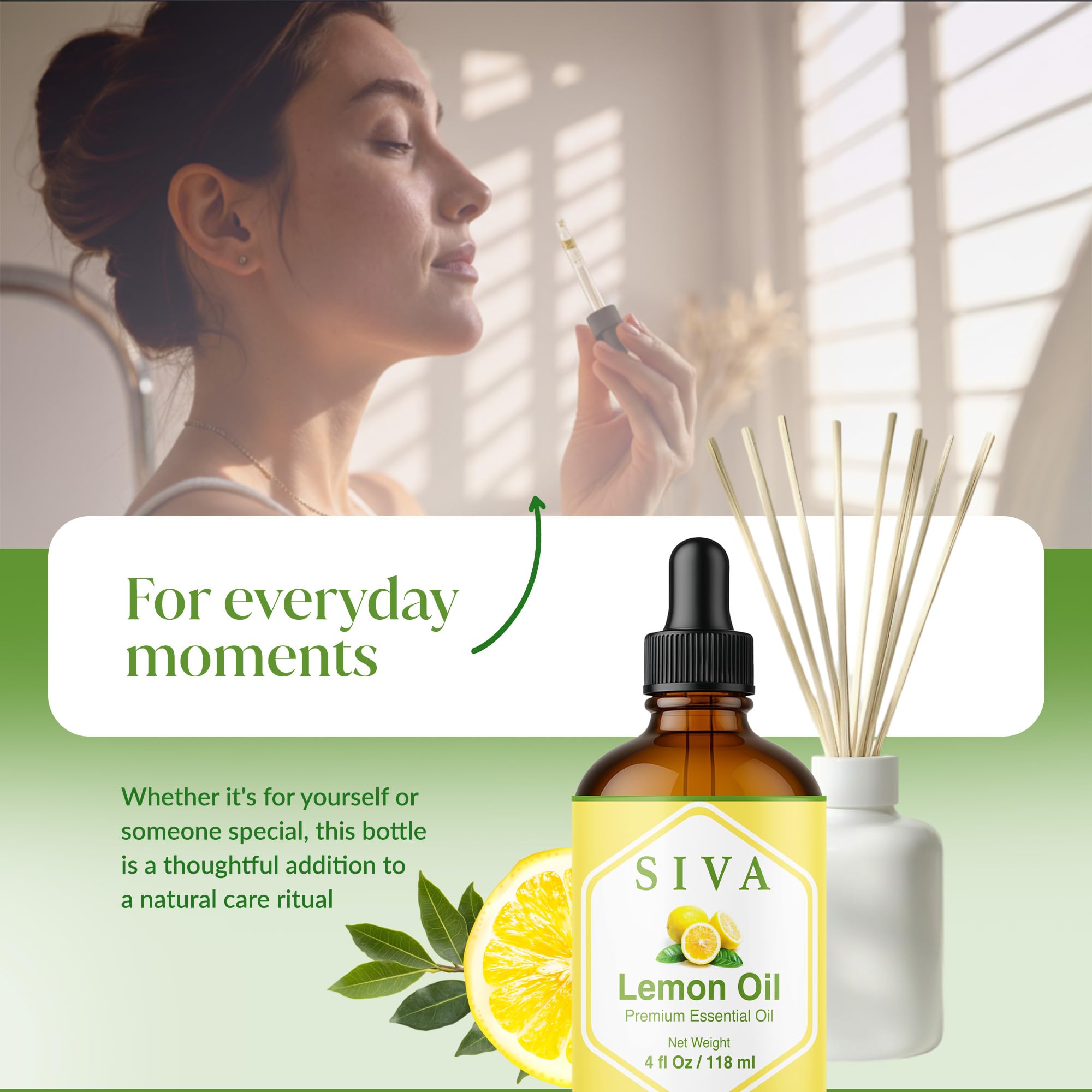 SIVA Organics lemon oil bottle close-up showcasing label and dropper.