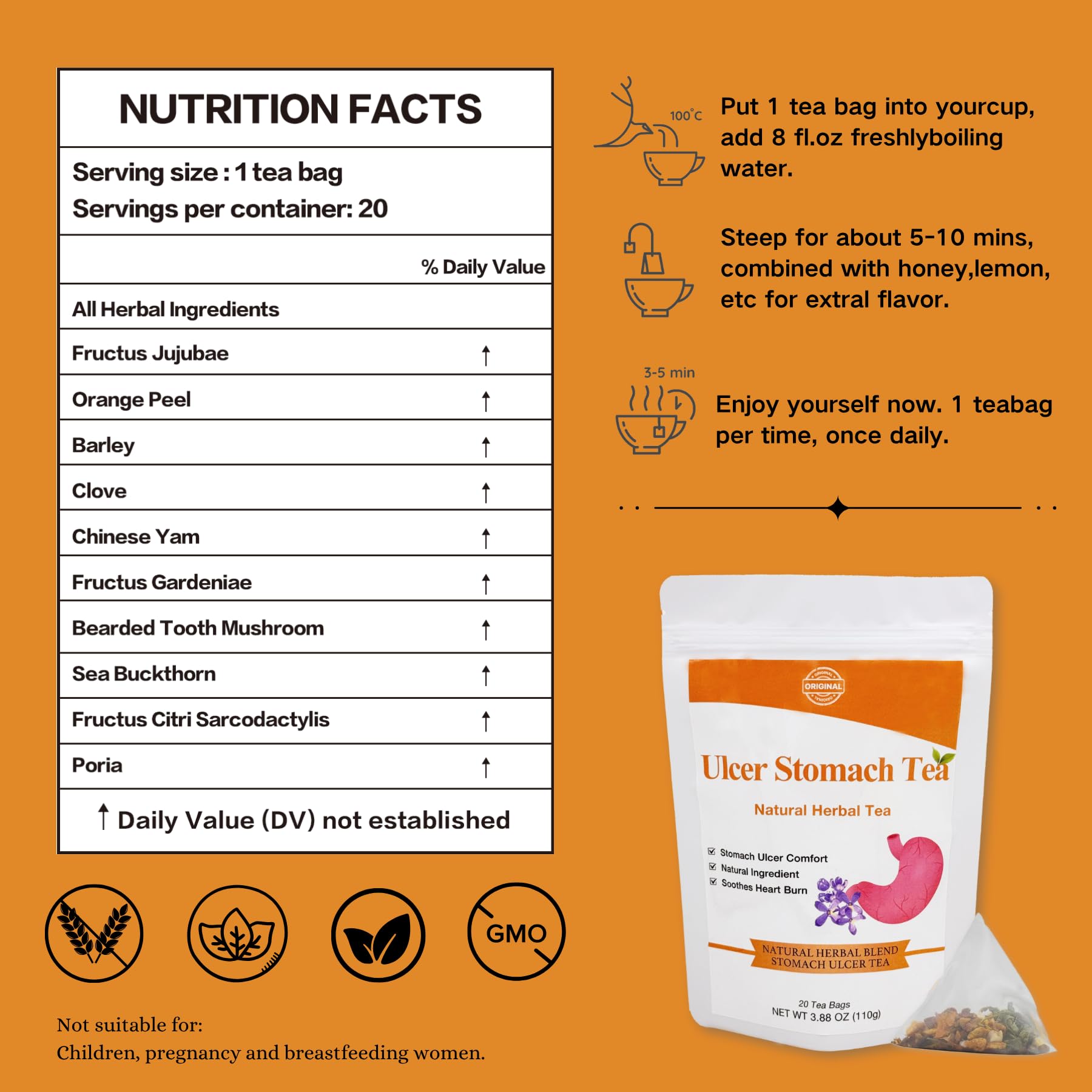 Siyolaherb Stomach Ulcer Ease Tea packaging on shelf highlighting natural ingredients.