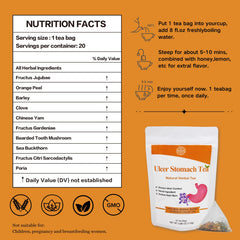 Siyolaherb Stomach Ulcer Ease Tea packaging on shelf highlighting natural ingredients.