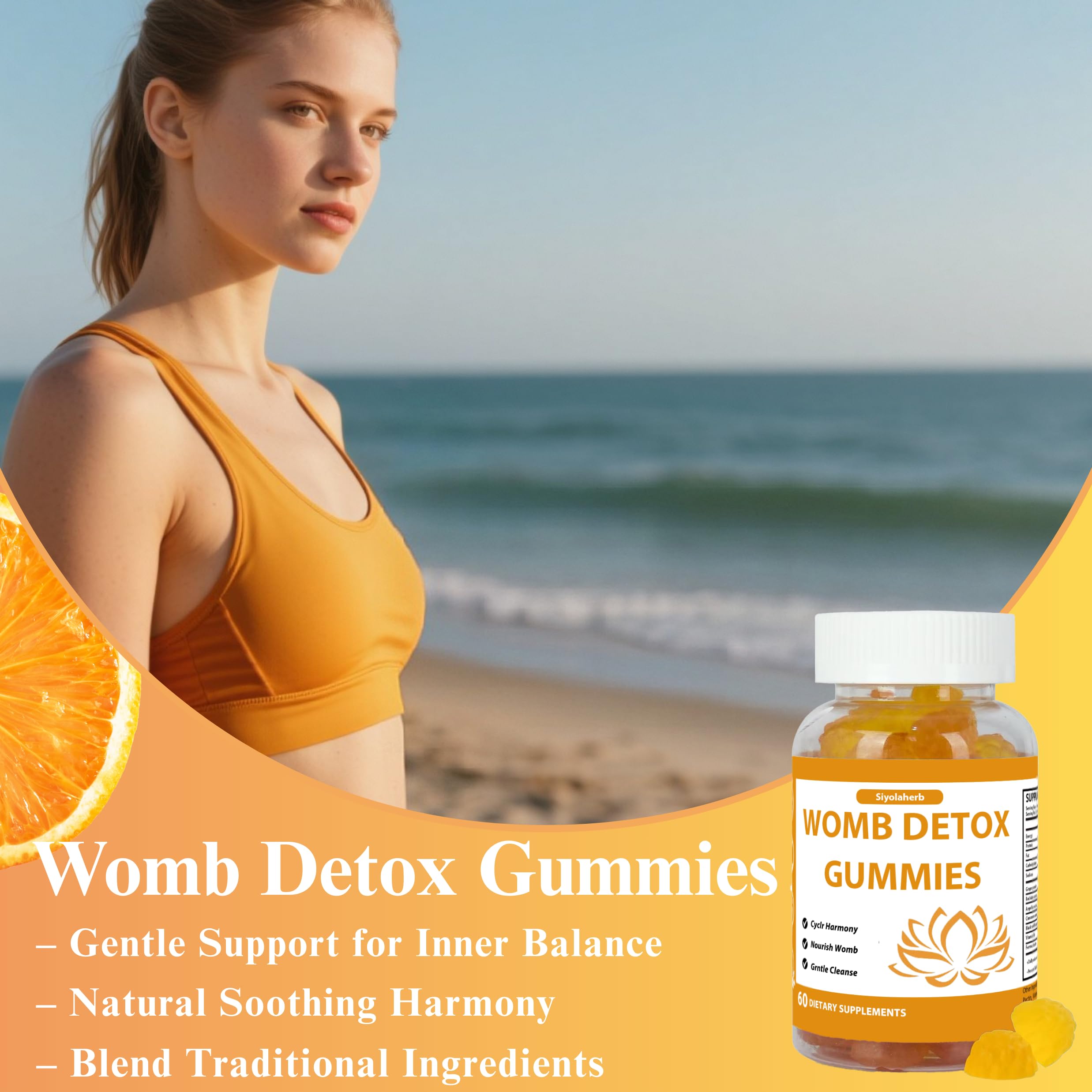 Siyolaherb Womb Gummies support menstrual cycle regularity with orange flavor.