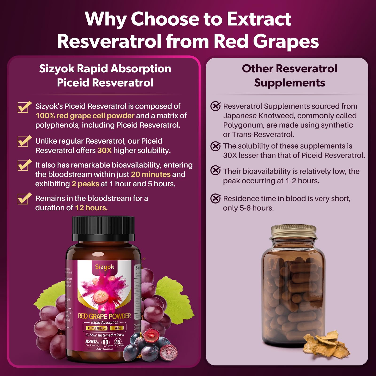 Sizyok bottle label highlighting a health-forward botanical blend from red grapes.