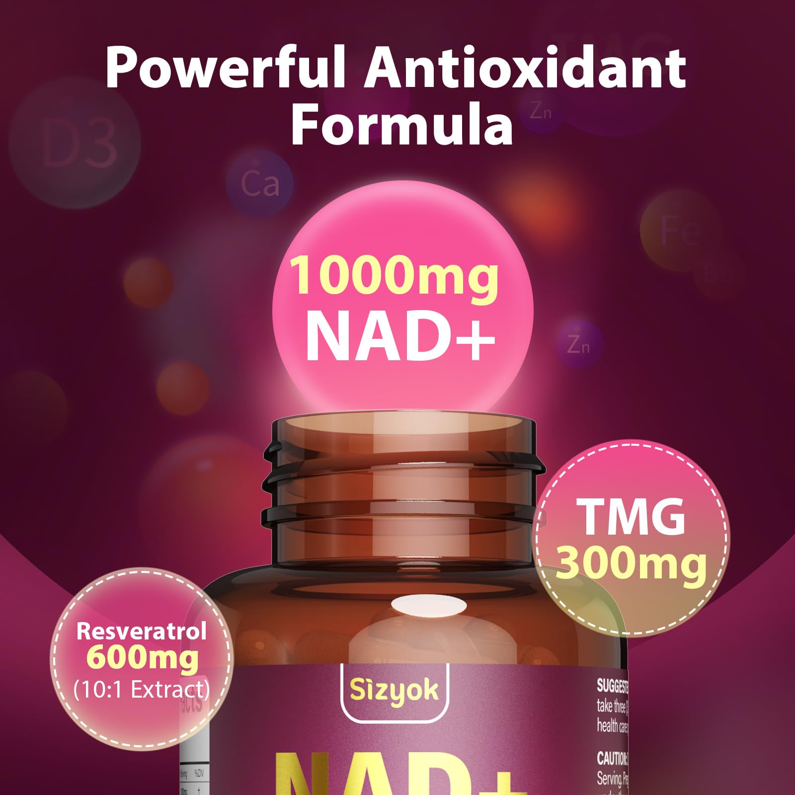 Sizyok NAD ingredients panel with antioxidant-rich compounds
