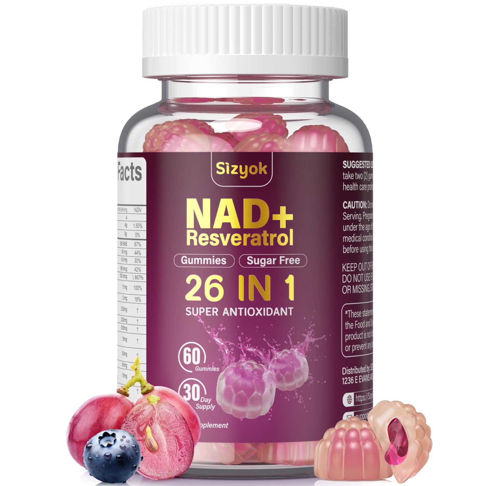 Sizyok NAD Resveratrol Gummies bottle showing 60 gummies for daily antioxidant support