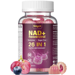 Sizyok NAD Resveratrol Gummies bottle showing 60 gummies for daily antioxidant support