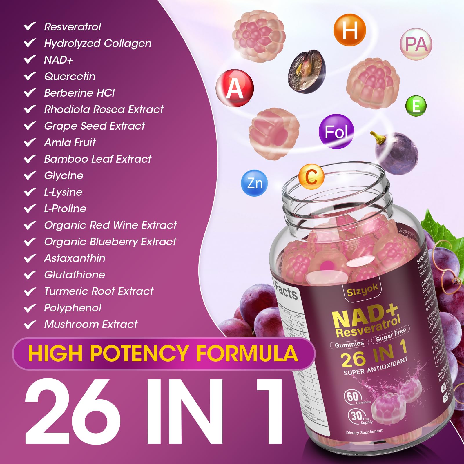 Sizyok NAD Resveratrol Gummies ingredients-label highlights 26-in-1 complex for absorption