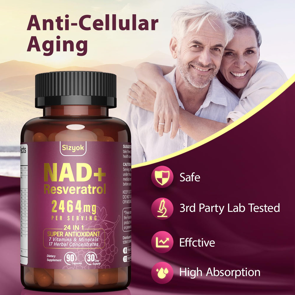 Sizyok NAD vitamin icons illustrating 24-in-1 antioxidant protection