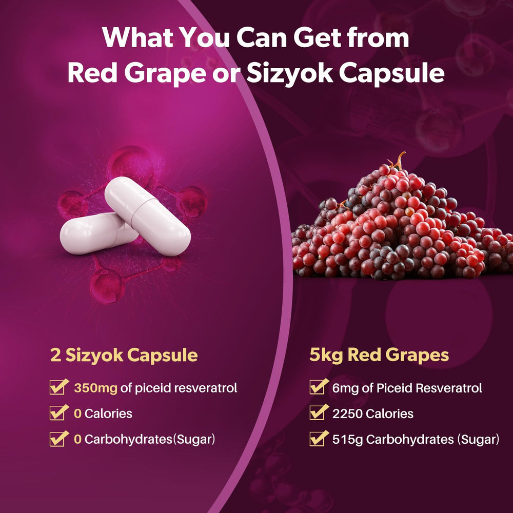Sizyok polyphenols red grape extract capsules emphasizing antioxidant-rich formula.