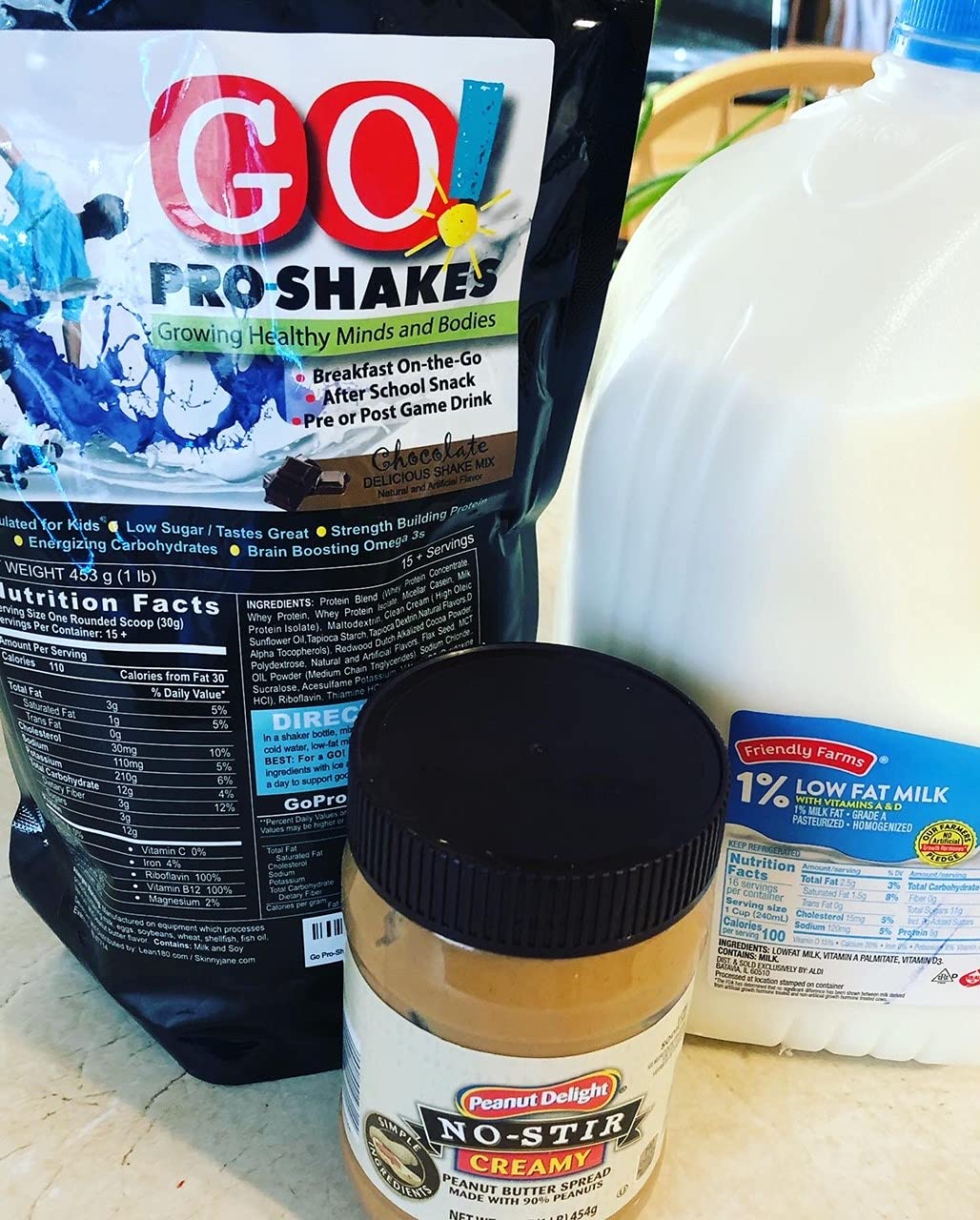 Whey protein and vitamins label on Skinny Jane GO Pro Shakes packaging