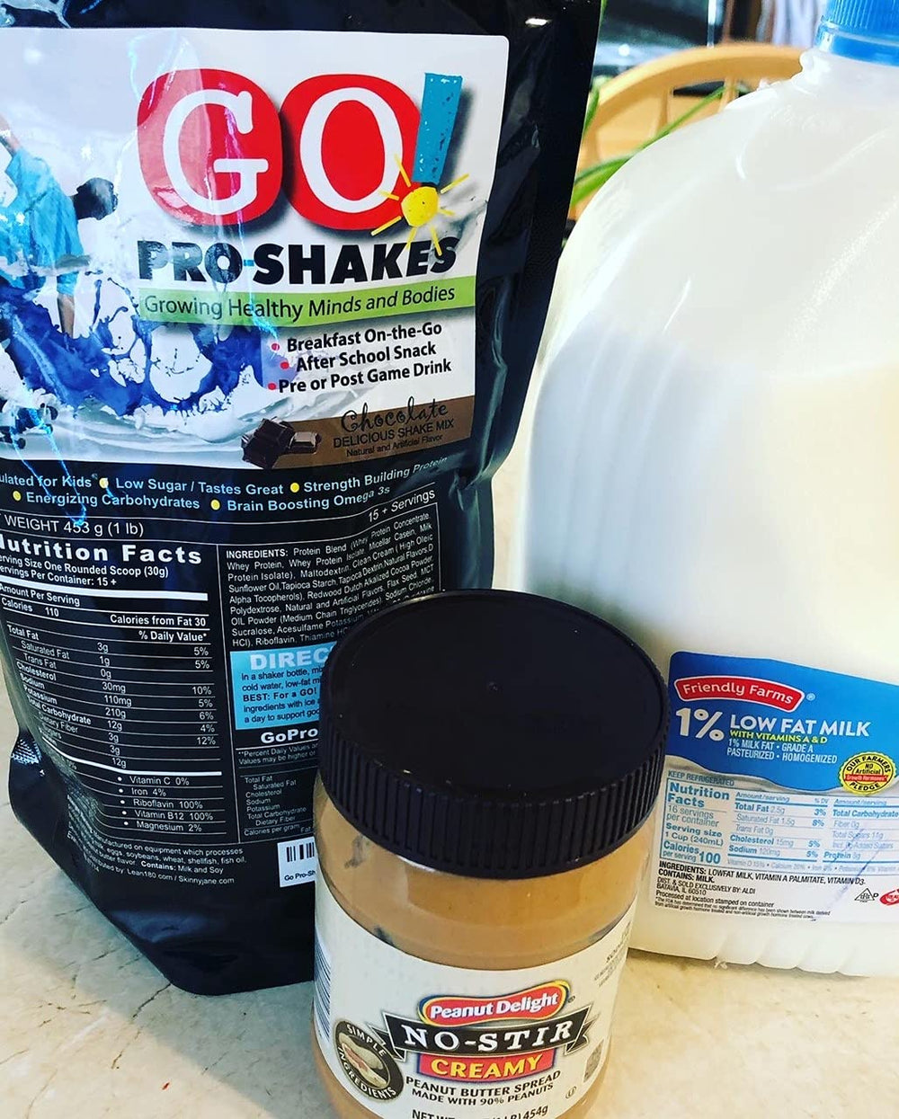 Whey protein and vitamins label on Skinny Jane GO Pro Shakes packaging