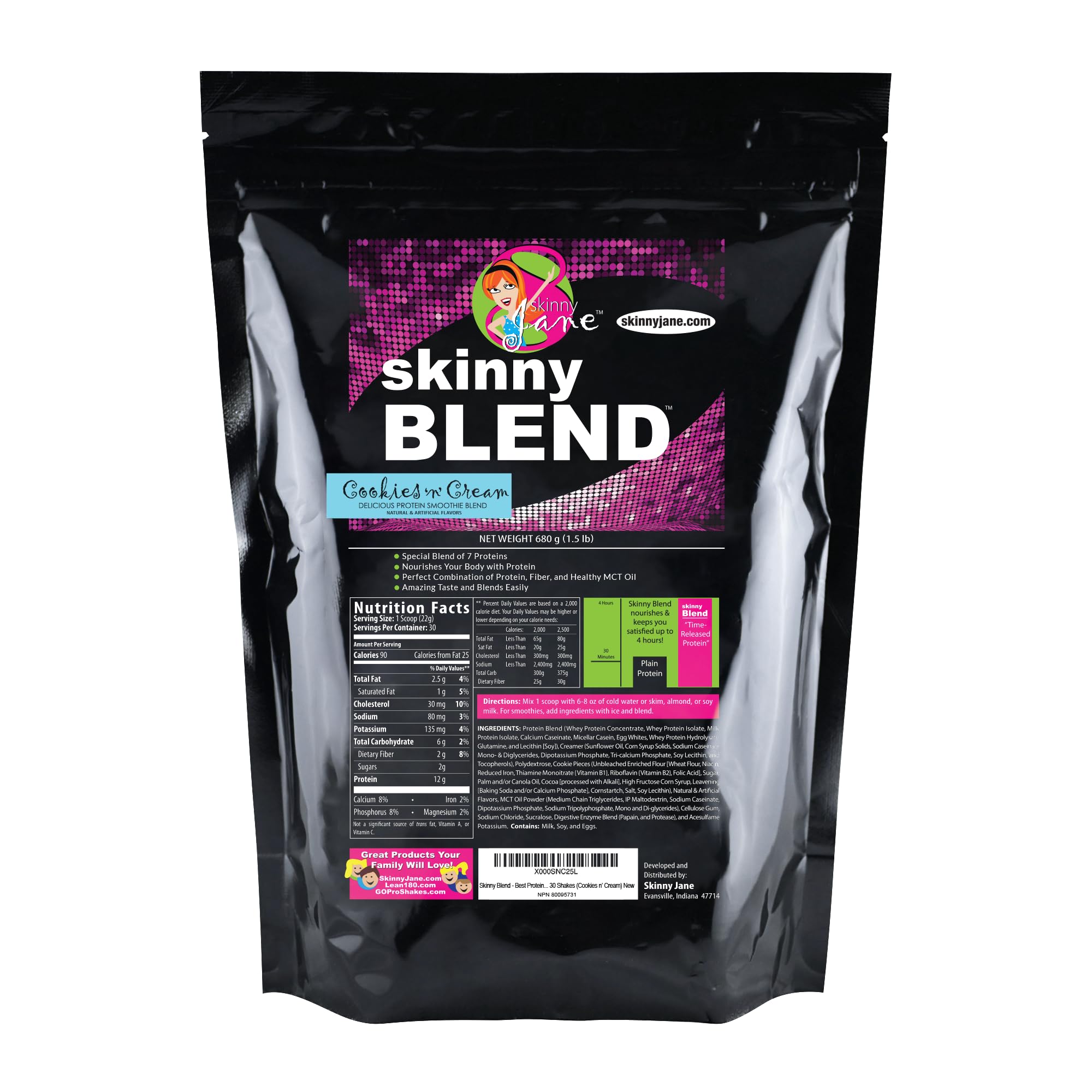 Skinny Jane Skinny Blend cookies and cream shake being poured for a satisfying high-protein snack.