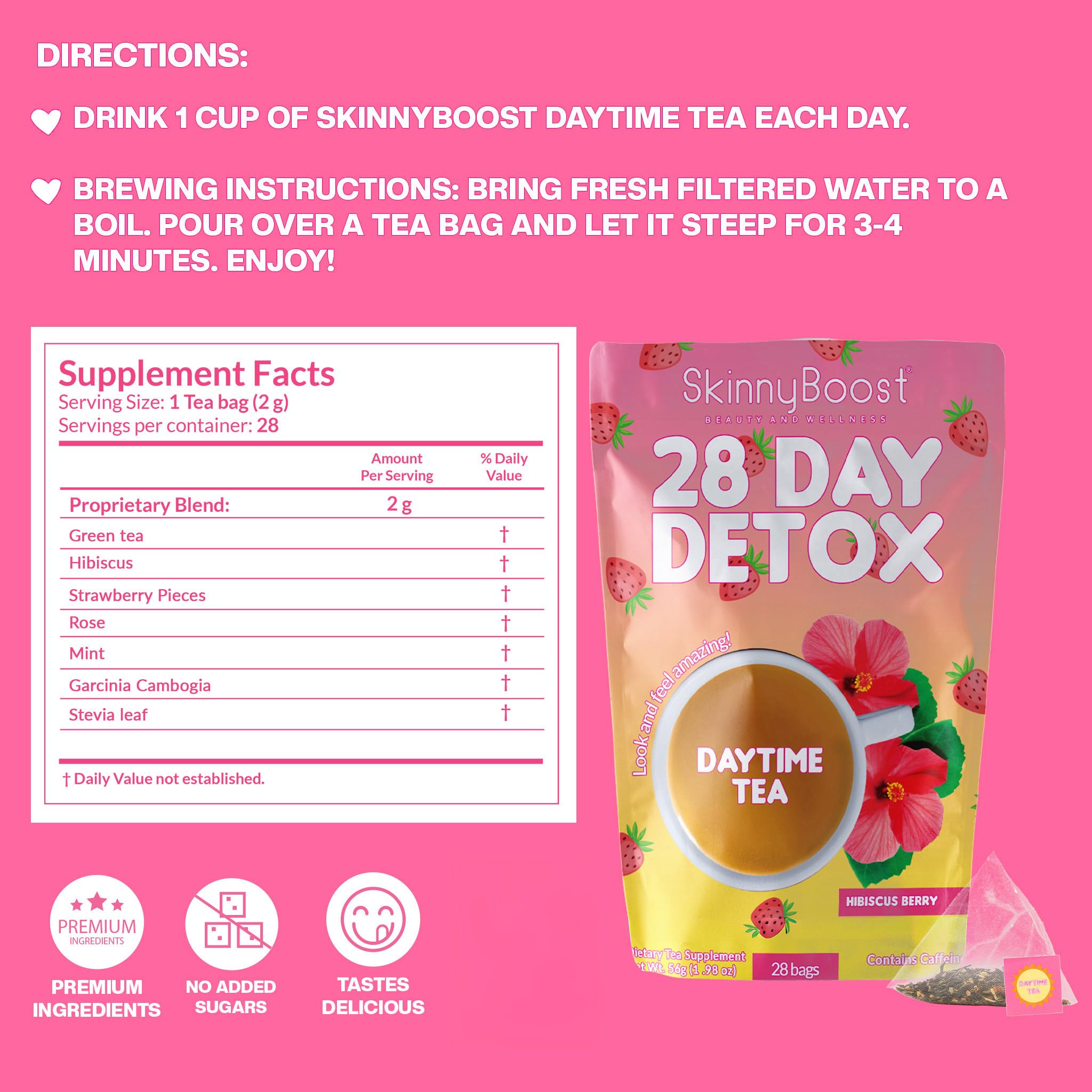 SkinnyBoost Detox Noche, caja: presentación ordenada para la noche.