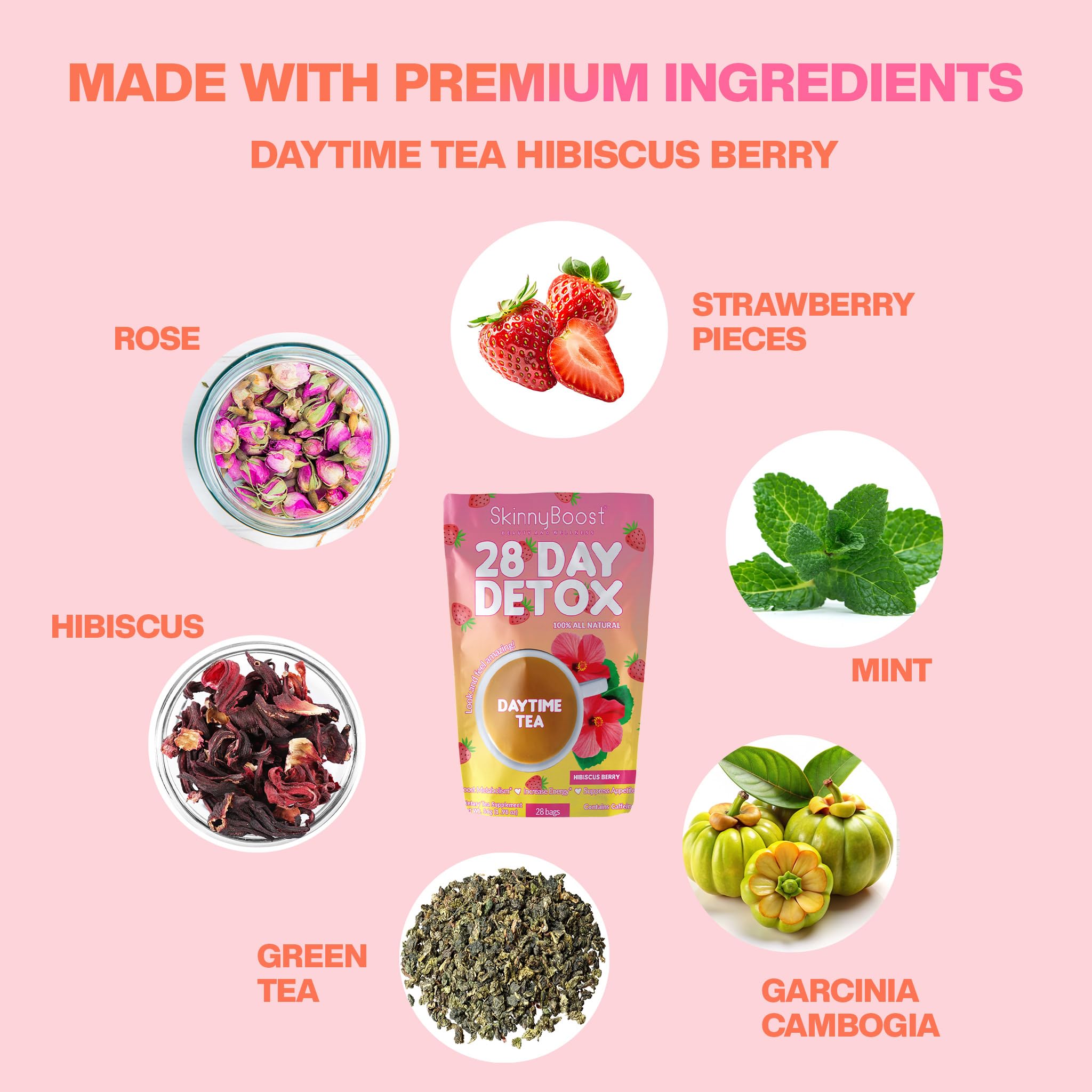 Box of SkinnyBoost Hibiscus Berry detox tea with 28 bags for a 28-day routine.