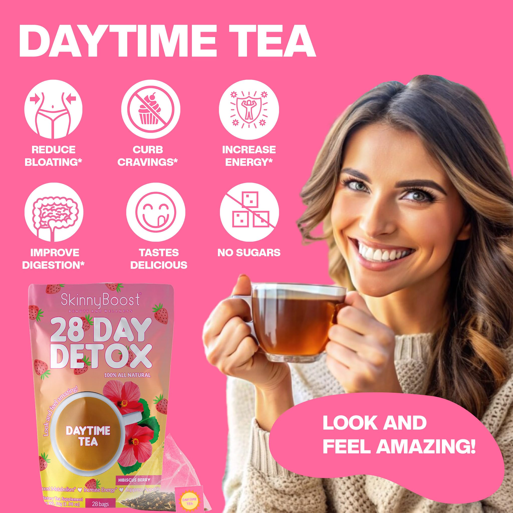 A cup of SkinnyBoost Hibiscus Berry tea for keto-friendly routines.