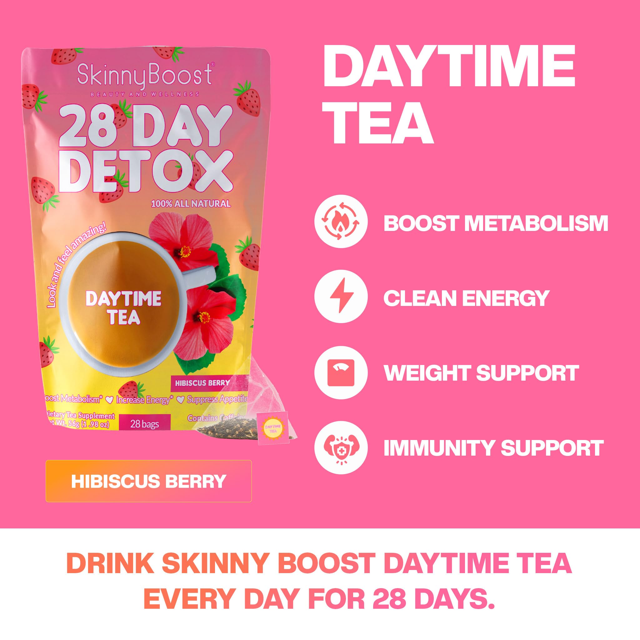 Close-up of SkinnyBoost Hibiscus Berry tea bags ready for a daily detox.